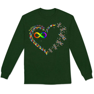 You'll Never Walk Alone With Puzzle Piece Heart Dragonfly & Rainbow Infinity Autism Hoodie, Shirts