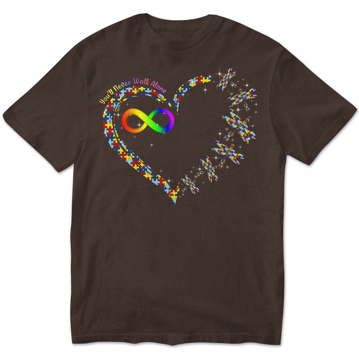 Nunca caminarás solo con la sudadera con capucha y las camisetas con diseño de corazón, libélula y arcoíris infinitos sobre autismo