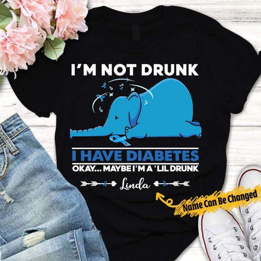Camisetas personalizadas para diabéticos No estoy borracho, tengo diabetes con elefante y nombre personalizado