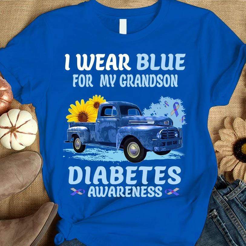 Diabetes Awareness Shirt, I Wear Blue For My Grandson, Ribbon Sunflower Car