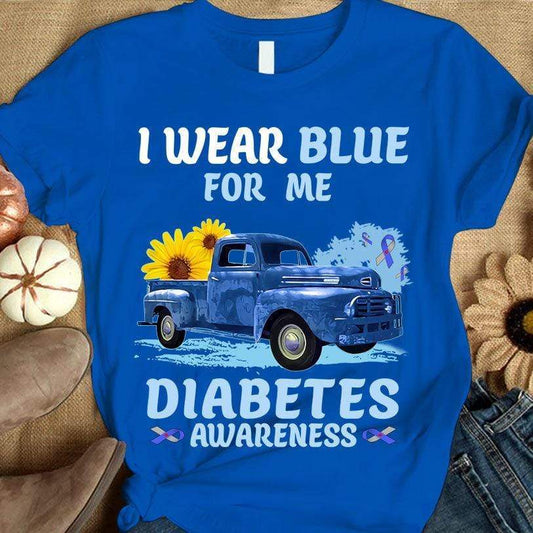 Por mí visto de azul, coche con lazo y girasol, camiseta para concienciar sobre la diabetes