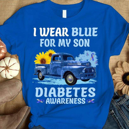 Type 1 Diabetes Mom Awareness Shirt, I Wear Blue For My Son, Ribbon Sunflower Car
