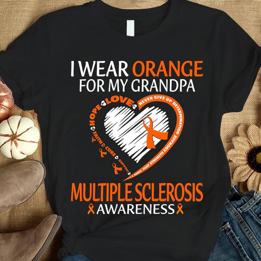 Llevo naranja por mi abuelo, camiseta con fe, esperanza, amor y lazo en forma de corazón para concienciar sobre la esclerosis múltiple