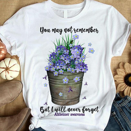 Alzheimer's Awareness T Shirts I Will Never Forget Purple Flower