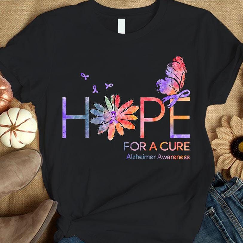 Esperanza de una cura, cinta con margaritas y mariposas, camisetas para el Alzheimer