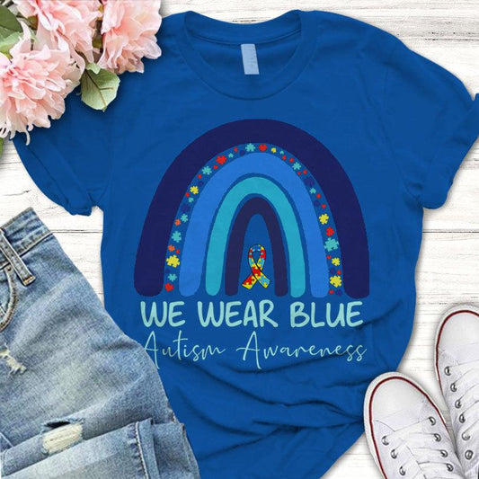 Camiseta arcoiris sobre autismo, vestimos de azul, camiseta de concienciación sobre el autismo