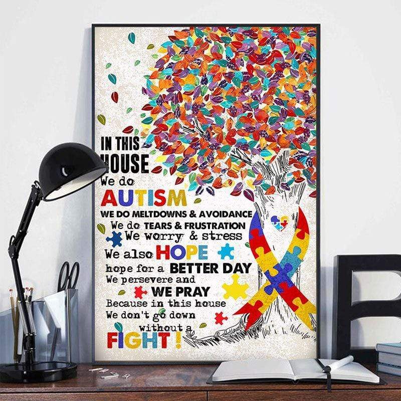 En esta casa hacemos autismo, hacemos crisis y evitación, póster de concienciación sobre el autismo de Ribbon Tree, lienzo, impresión artística para pared
