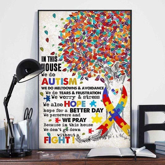 En esta casa hacemos autismo, hacemos crisis y evitación, póster de concienciación sobre el autismo de Ribbon Tree, lienzo, impresión artística para pared