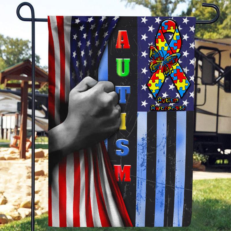 Cinta y mariposa con piezas de rompecabezas, bandera estadounidense de concienciación sobre el autismo, bandera para casa y jardín