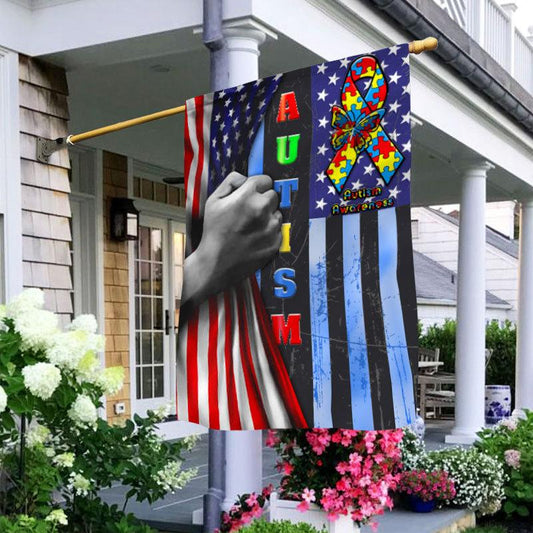 Cinta y mariposa con piezas de rompecabezas, bandera estadounidense de concienciación sobre el autismo, bandera para casa y jardín