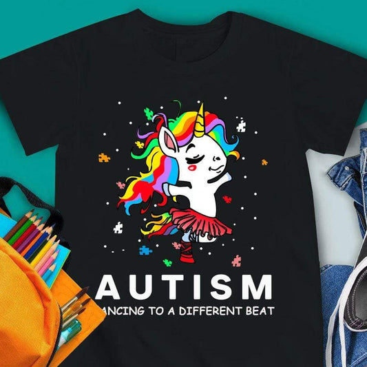 Camisetas de autismo para niños, unicornio bailando a diferentes ritmos, divertidas