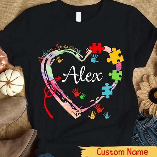 Camiseta personalizada de concienciación sobre el autismo para niños, pieza de rompecabezas, corazón y manos