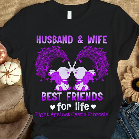 Camiseta de apoyo para la concienciación sobre la fibrosis quística, marido y mujer, mejores amigos de por vida, lucha contra la fibrosis quística, elefante con lazo morado