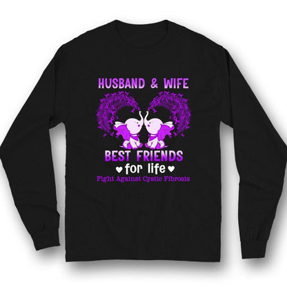 Camiseta de apoyo para la concienciación sobre la fibrosis quística, marido y mujer, mejores amigos de por vida, lucha contra la fibrosis quística, elefante con lazo morado