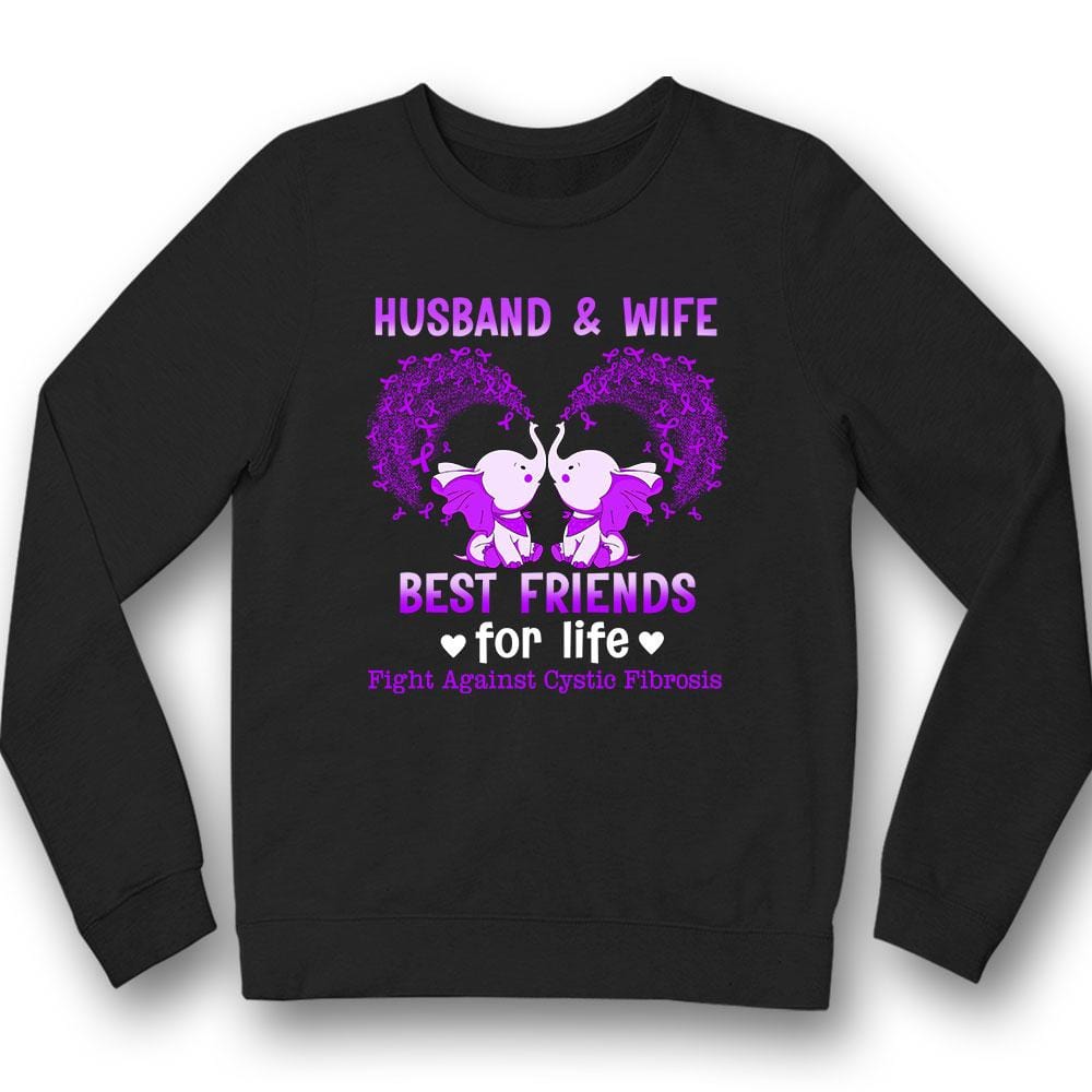 Camiseta de apoyo para la concienciación sobre la fibrosis quística, marido y mujer, mejores amigos de por vida, lucha contra la fibrosis quística, elefante con lazo morado