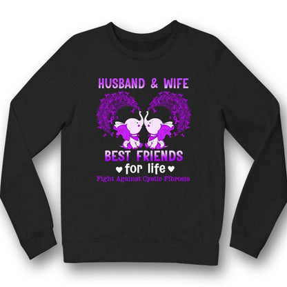 Camiseta de apoyo para la concienciación sobre la fibrosis quística, marido y mujer, mejores amigos de por vida, lucha contra la fibrosis quística, elefante con lazo morado