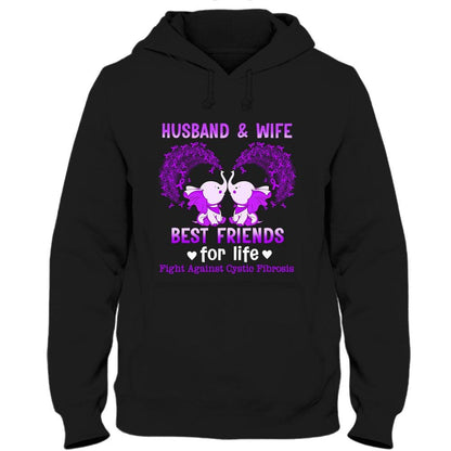 Camiseta de apoyo para la concienciación sobre la fibrosis quística, marido y mujer, mejores amigos de por vida, lucha contra la fibrosis quística, elefante con lazo morado
