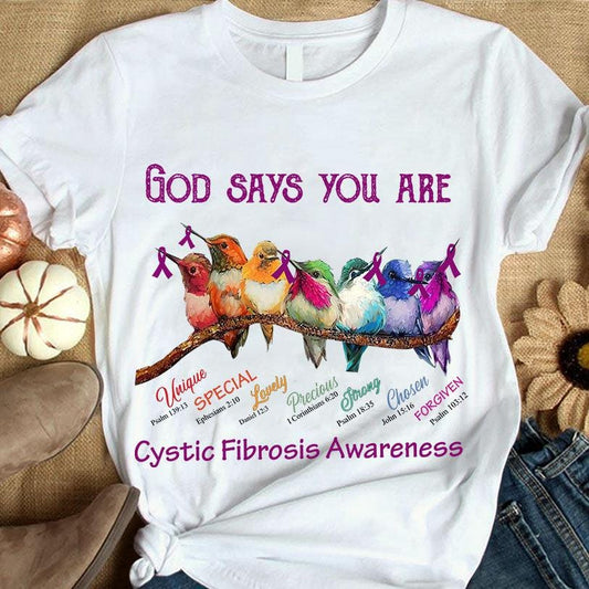 Dios dice que eres única, hermosa, fuerte, con lazo y pájaro, camiseta de apoyo para la concienciación sobre la fibrosis quística