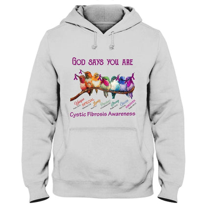 Dios dice que eres única, hermosa, fuerte, con lazo y pájaro, camiseta de apoyo para la concienciación sobre la fibrosis quística