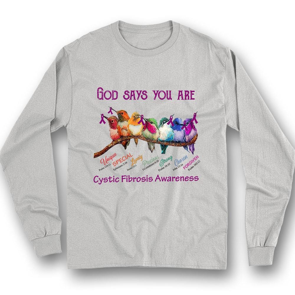 Dios dice que eres única, hermosa, fuerte, con lazo y pájaro, camiseta de apoyo para la concienciación sobre la fibrosis quística