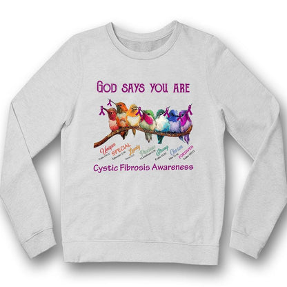 Dios dice que eres única, hermosa, fuerte, con lazo y pájaro, camiseta de apoyo para la concienciación sobre la fibrosis quística