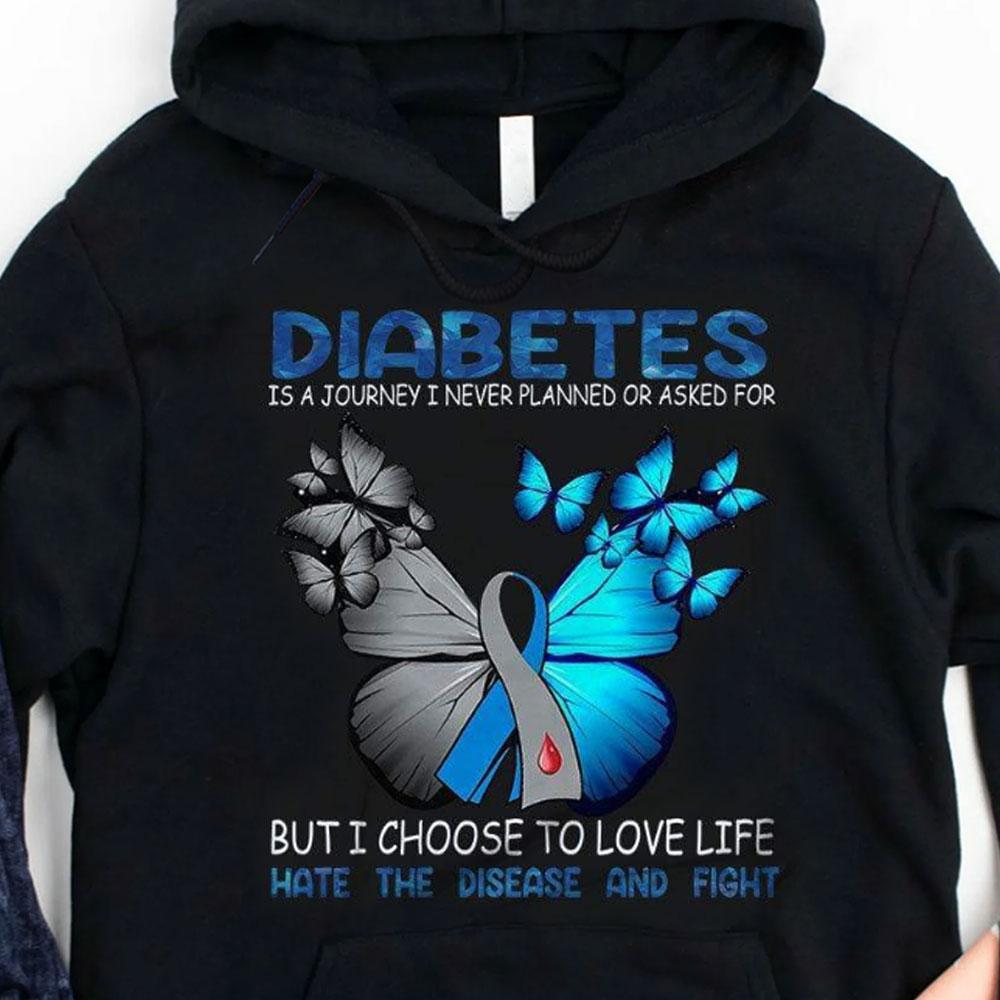 Un viaje que elijo amar la vida odiar la enfermedad, cinta de mariposa, camiseta de concienciación sobre la diabetes para mujer