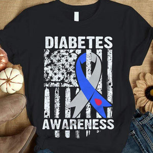 Camiseta divertida de concienciación sobre la diabetes con la bandera estadounidense de Blue Ribbon