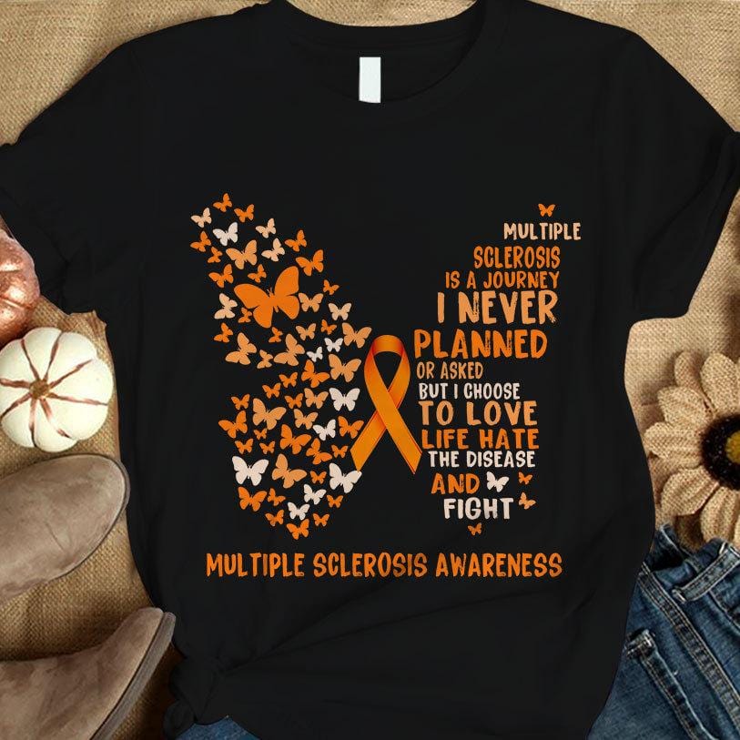 La EM es un viaje que elijo amar la vida y odiar la enfermedad, cinta de mariposa naranja, camiseta de concienciación sobre la esclerosis múltiple