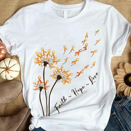 Camiseta con mensaje de fe, esperanza y amor, lazo naranja y diente de león para concienciar sobre la esclerosis múltiple