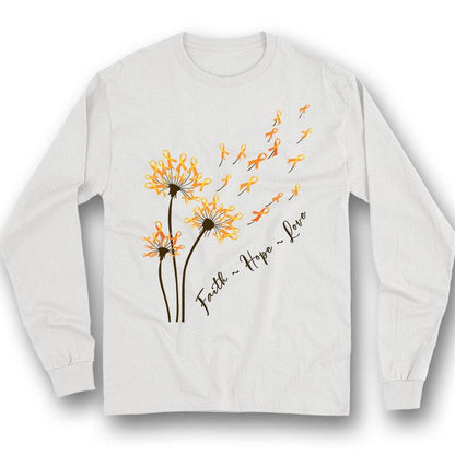 Camiseta con mensaje de fe, esperanza y amor, lazo naranja y diente de león para concienciar sobre la esclerosis múltiple