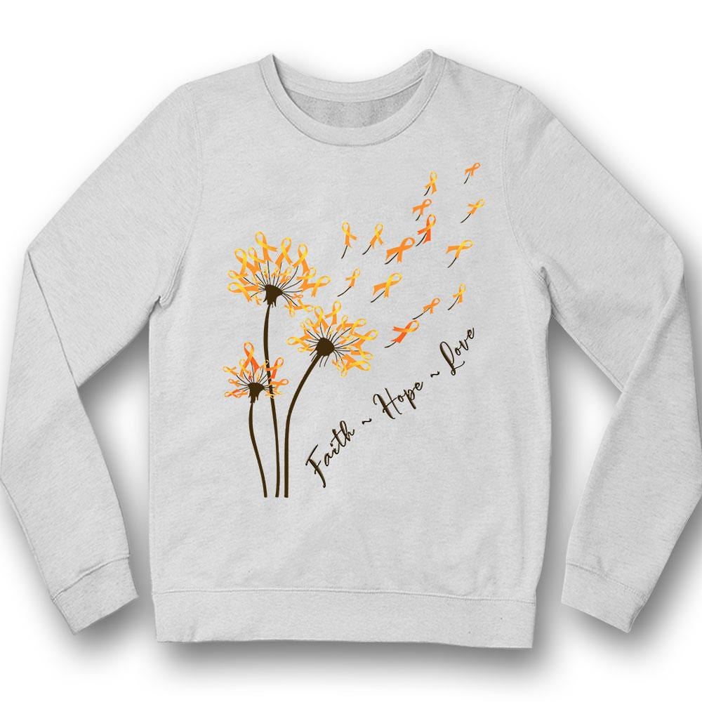 Camiseta con mensaje de fe, esperanza y amor, lazo naranja y diente de león para concienciar sobre la esclerosis múltiple