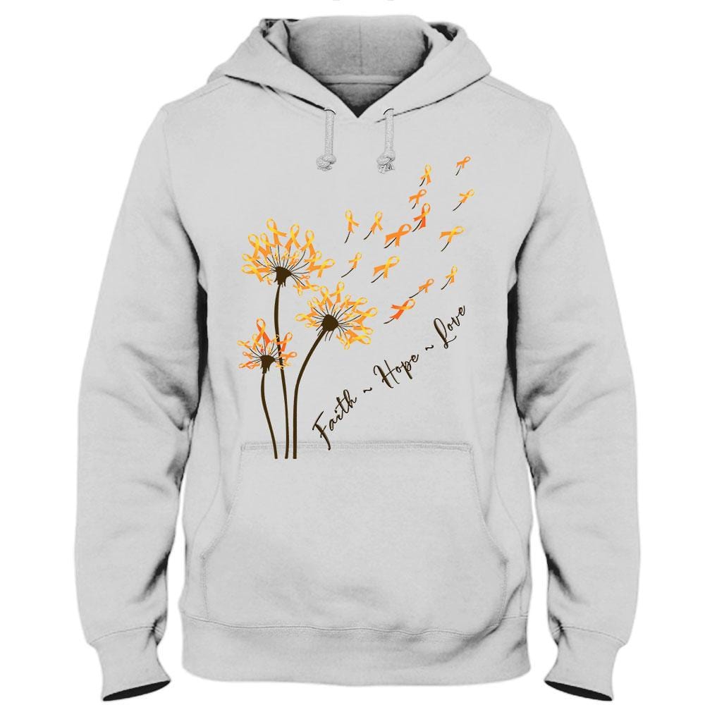 Camiseta con mensaje de fe, esperanza y amor, lazo naranja y diente de león para concienciar sobre la esclerosis múltiple