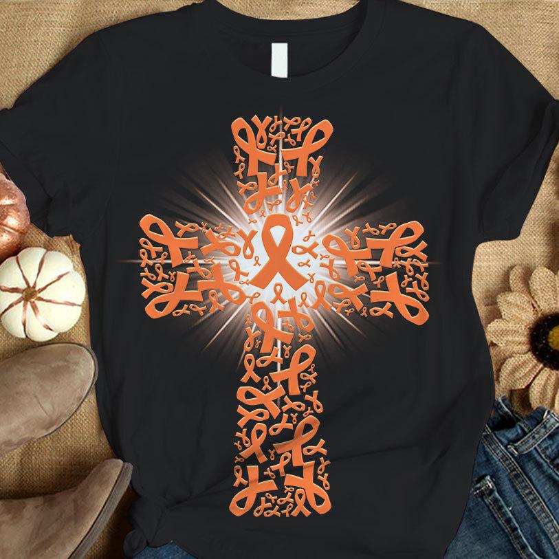 Orange Ribbon Cross, Support Warrior, Multiple Sclerosis Awareness Fight T Shirt