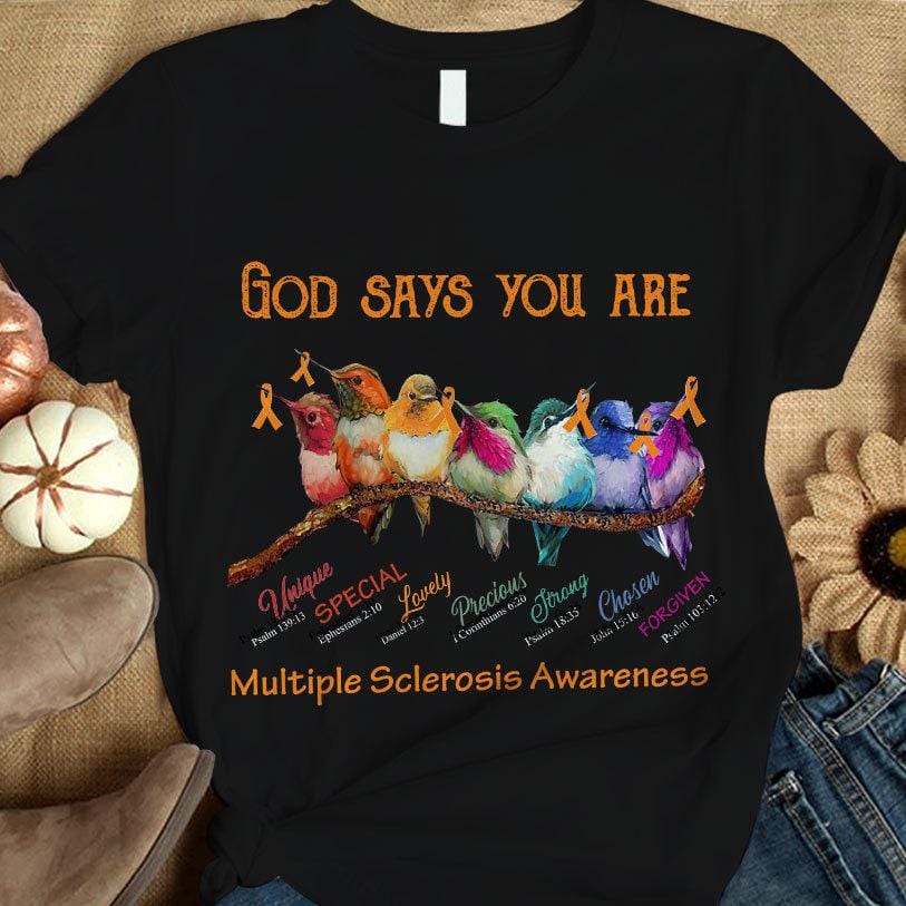 Dios dice que eres única, hermosa, fuerte, con lazo y pájaro, camiseta de concienciación sobre la esclerosis múltiple