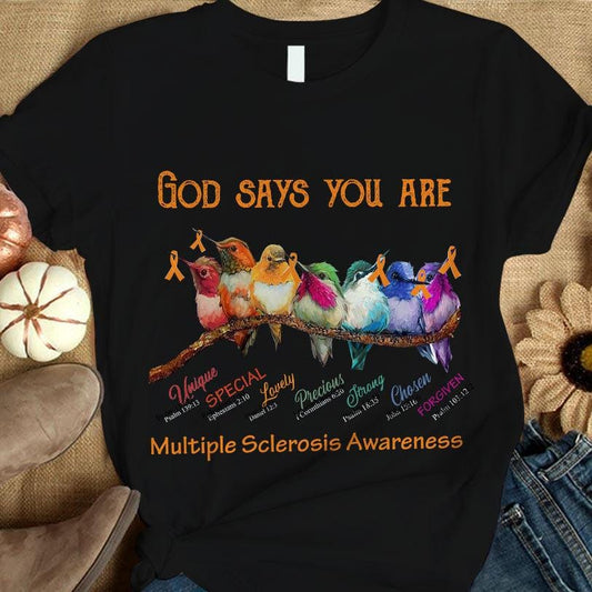 Dios dice que eres única, hermosa, fuerte, con lazo y pájaro, camiseta de concienciación sobre la esclerosis múltiple
