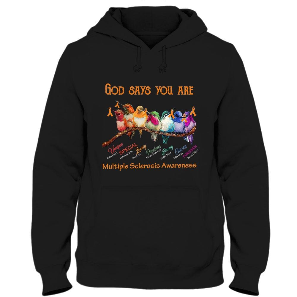 Dios dice que eres única, hermosa, fuerte, con lazo y pájaro, camiseta de concienciación sobre la esclerosis múltiple