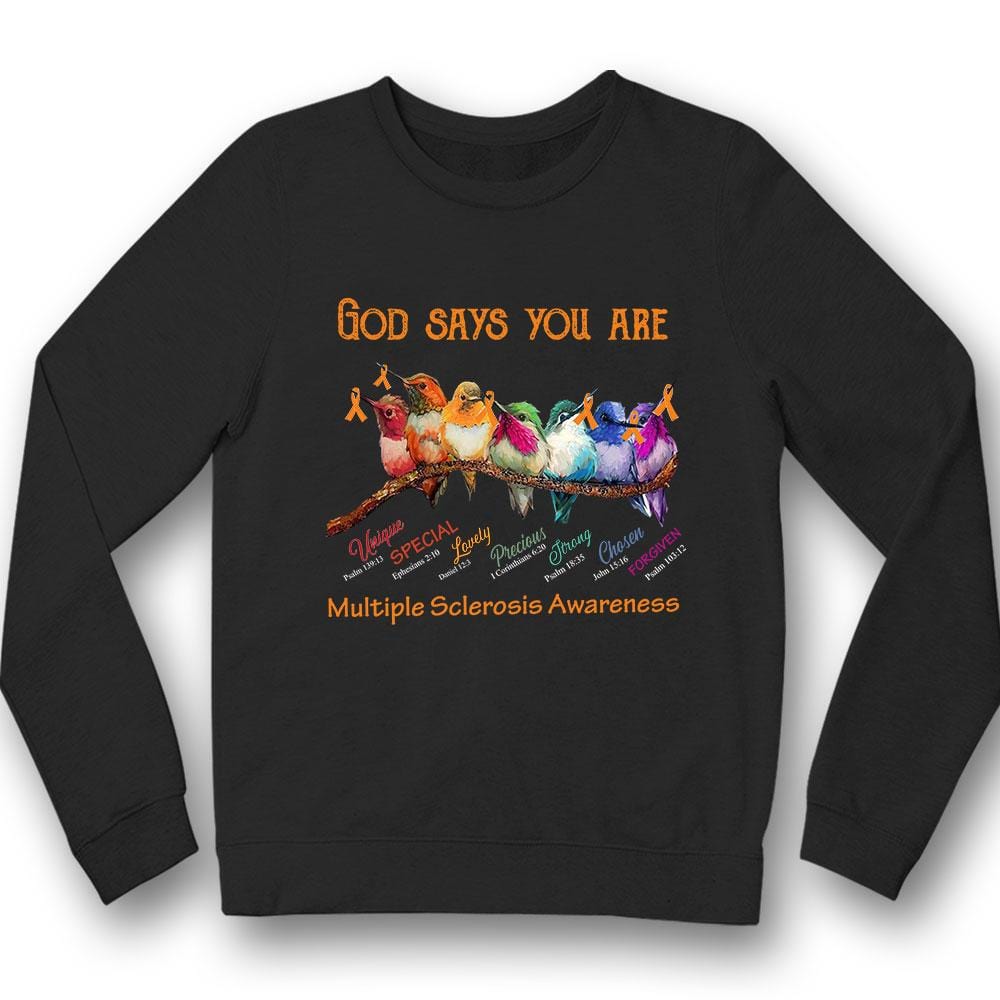 Dios dice que eres única, hermosa, fuerte, con lazo y pájaro, camiseta de concienciación sobre la esclerosis múltiple