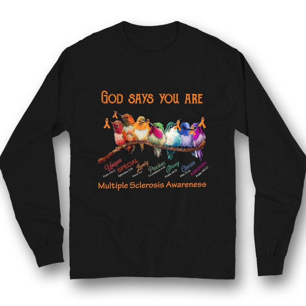 Dios dice que eres única, hermosa, fuerte, con lazo y pájaro, camiseta de concienciación sobre la esclerosis múltiple