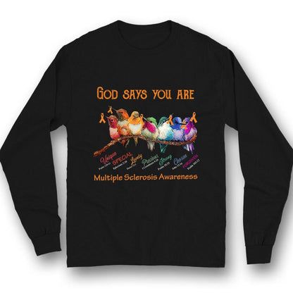 Dios dice que eres única, hermosa, fuerte, con lazo y pájaro, camiseta de concienciación sobre la esclerosis múltiple