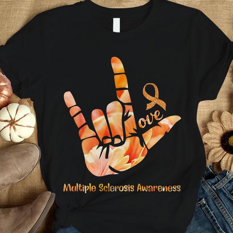 Camiseta de apoyo para la concienciación sobre la esclerosis múltiple con lazo naranja y amor