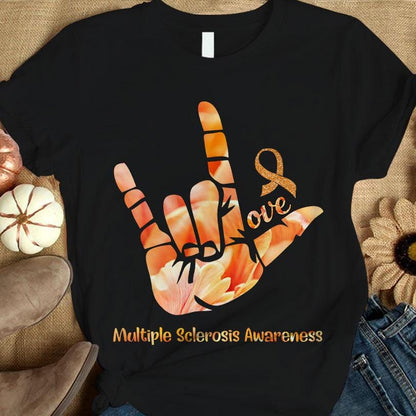 Camiseta de apoyo para la concienciación sobre la esclerosis múltiple con lazo naranja y amor