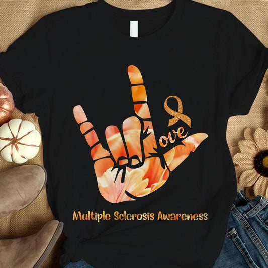 Camiseta de apoyo para la concienciación sobre la esclerosis múltiple con lazo naranja y amor