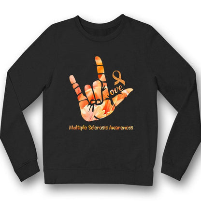 Camiseta de apoyo para la concienciación sobre la esclerosis múltiple con lazo naranja y amor