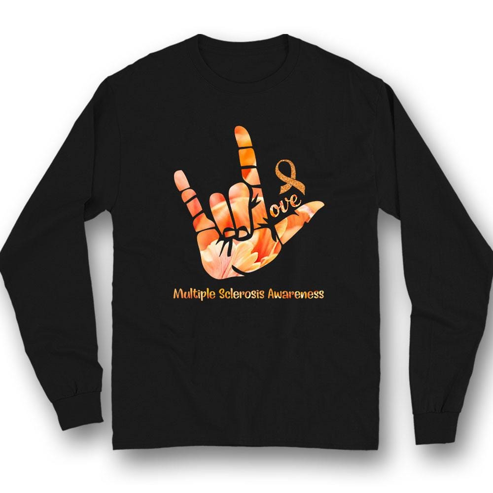 Camiseta de apoyo para la concienciación sobre la esclerosis múltiple con lazo naranja y amor