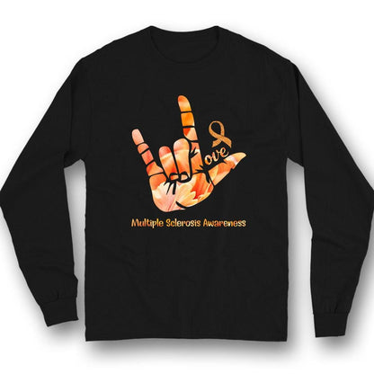 Camiseta de apoyo para la concienciación sobre la esclerosis múltiple con lazo naranja y amor