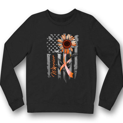 Multiple Sclerosis Warrior Awareness Shirt, Orange Ribbon Sunflower American Flag