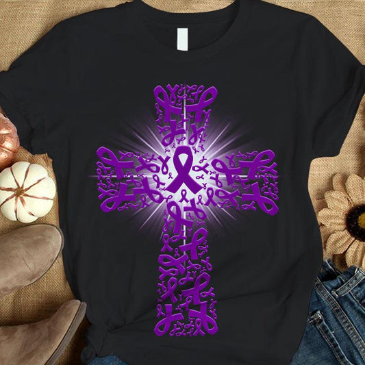 Camiseta humorística con la cruz de lazo morado y concienciación sobre la fibromialgia