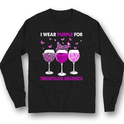 Llevo morado, camiseta de concienciación sobre la fibromialgia, copa con lazo y mariposa