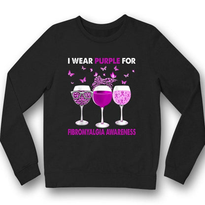 Llevo morado, camiseta de concienciación sobre la fibromialgia, copa con lazo y mariposa