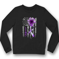 Fibromyalgia Warrior Awareness Shirt, Purple Ribbon Sunflower American Flag